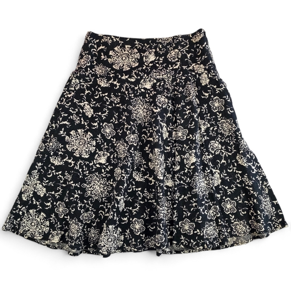 GAP Linen Floral A-Line Skirt Front Pleat Flowy Romantic Size 8R Black Ivory